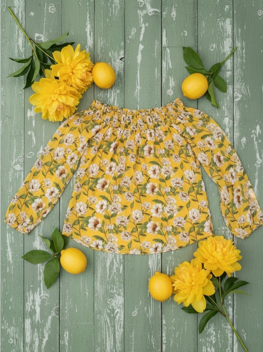 Doe & Rae Anthropologie Yellow Floral Off Shoulder Blouse M Boho